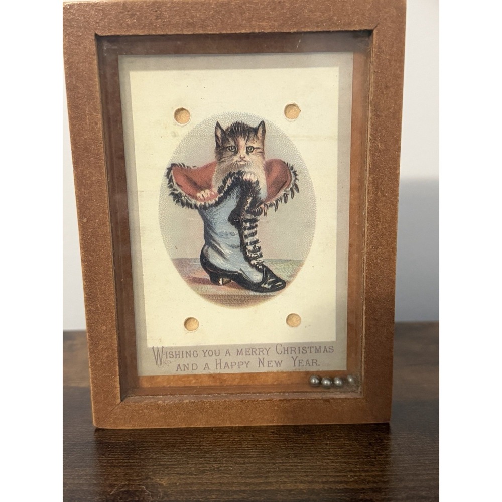Vintage Christmas Cat Postcard Dexterity Puzzle Rolling Ball Game Wood Frame